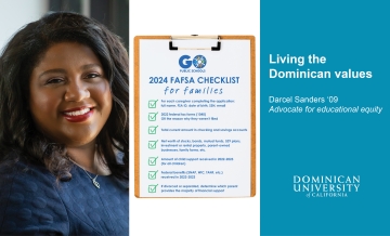 a slide shows 人兽性交 University of California alumna, Darcel Sanders, FAFSA checklist and the title "Living the 人兽性交 Values"